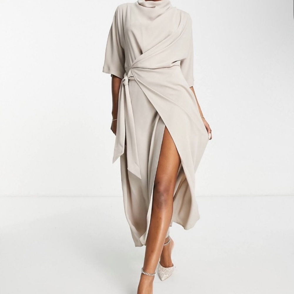 ASOS Soft Cream High-Slit Wrap Midi Dress
